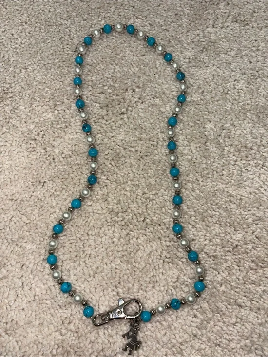12-Turquoise and Silver Beaded Necklace with Charm - Women Jewelry