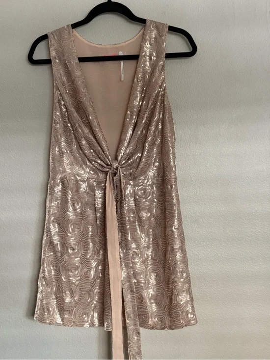 Free People Sequin Tie-Front Sleeveless Dress - Blush/Champagne size 6