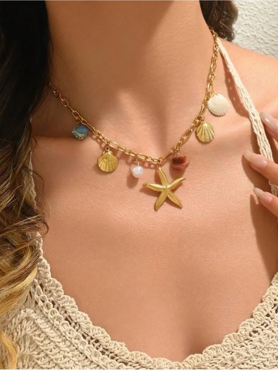 Gold Seashell & Starfish Charm Necklace - Beach Pendant Jewelry