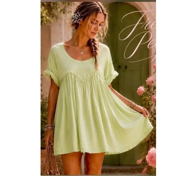 Free People Yellow Babydoll Poplin Tunic Top Dress Short Sleeve Mixed Media S