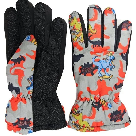 Kids Winter Gloves, Boys Girls Ski Glove,  Faux Fur Lined Dinosaur Designs, Red