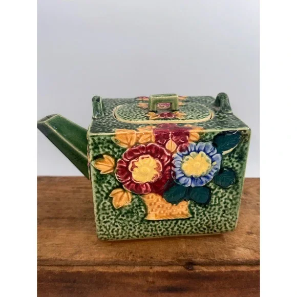 Vintage Japanese Square Ceramic Teapot Floral Majolica Style Green Made in Japan