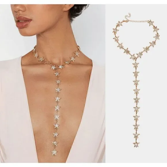 ⭐ Star Drop Spangled Rhinestone Y Lariat Long Necklace NEW