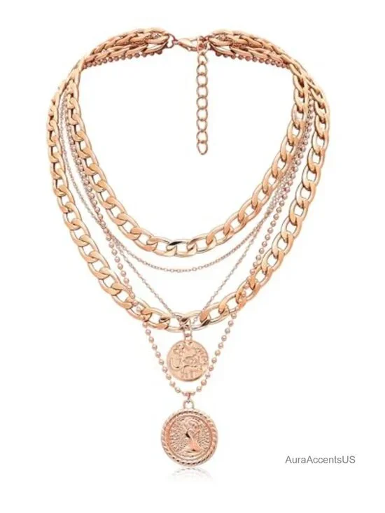 Layered Necklaces for Women Trendy Retro Coin Pendant 5 in 1 Chains