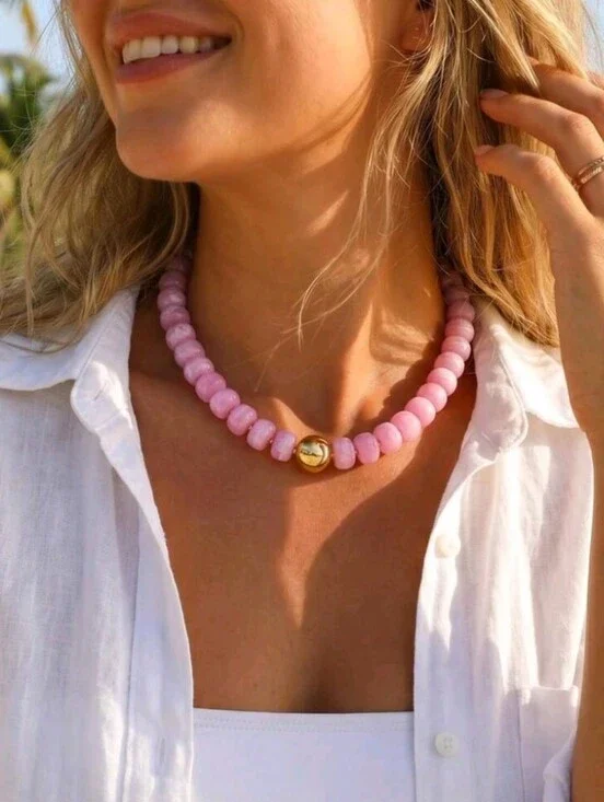 NEW! Classy Pink Marbled Beaded Choker Necklace with Gold Accent - Women Jewelry