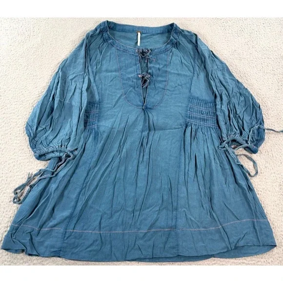 Free People Blouse Top Women's Small Blue Rayon Peasant Gypsy Bohemian Romantics