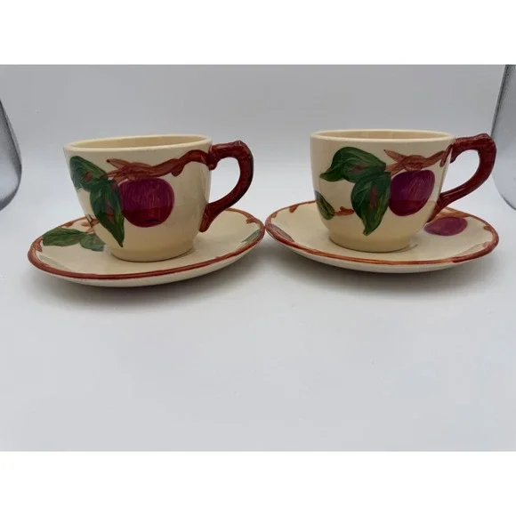 Franciscan Apple Tea Cup Saucer Set 2 Hand painted USA California 1950 Vintage