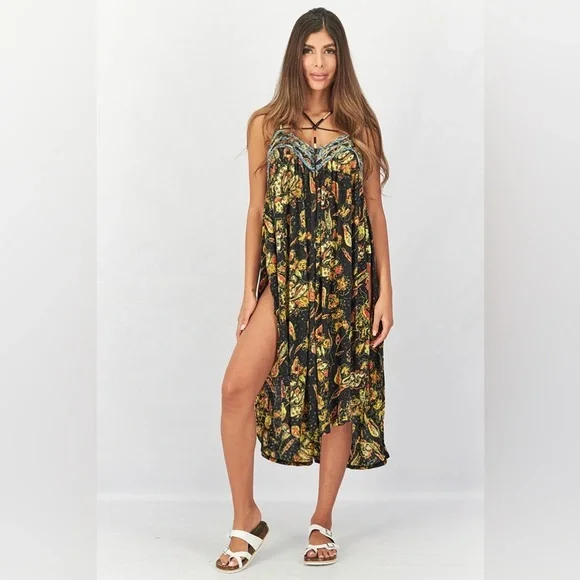 NWOT! Free People Women Oversized All Over Print Tassel Detail Garden Midi Dress