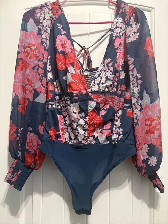 Free people Floral Long-Sleeve V-Neck Bodysuit - Navy and Pink
