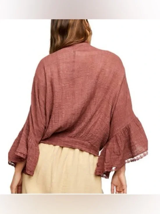 Free People One Poppy Rosewood Tie-Front Gauze Kimono Flutter Sleeve Top Med/Lg