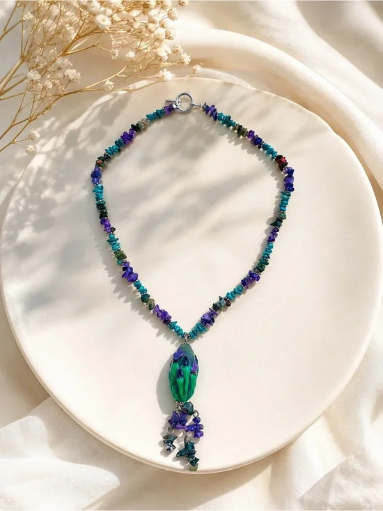 Boho Gemstone Chip Necklace Green Purple Statement Pendant Tassel 16”