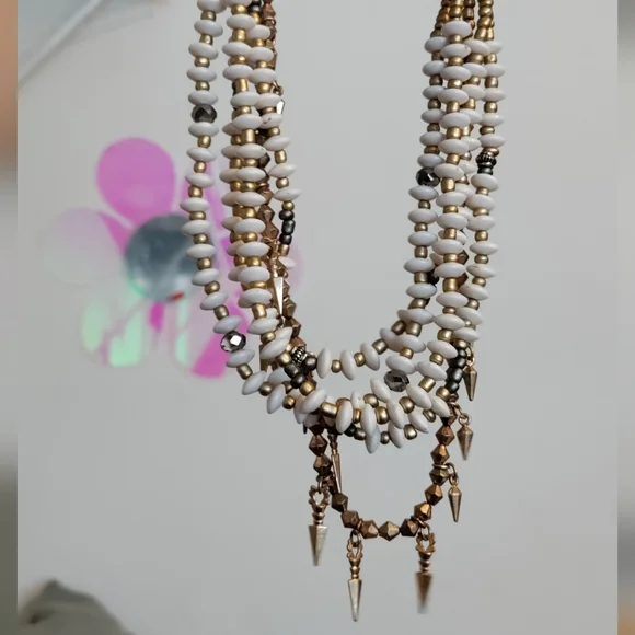 Plunder Necklace Multistrand white saucer, gold, silver beads, gold spiky drops