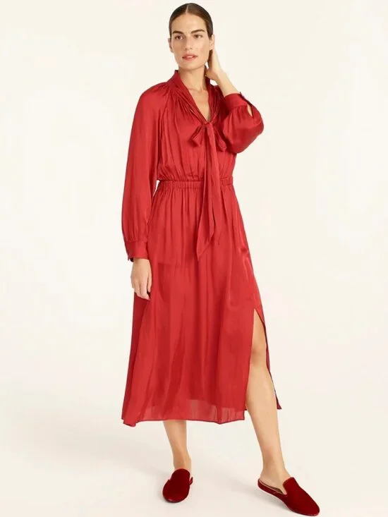 NWT J.Crew Featherweight Satin Tie-Neck Midi in Deep Ruby Red Crinkle Dress XS