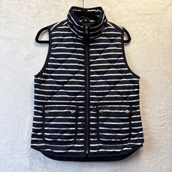 J. Crew Quilted Striped Vest Women Sz Small Navy White Puffer‎ Gilet Gold Zipper
