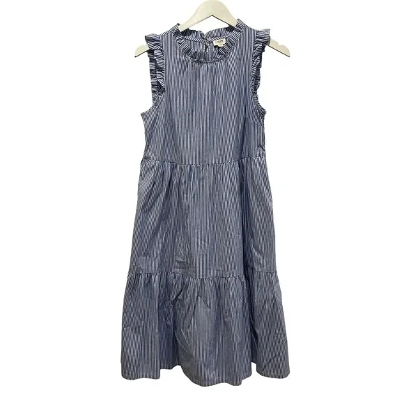 J Crew Tiered Midi Dress Womens 4 Blue White Striped Ruffle Sleeve Coastal Prep