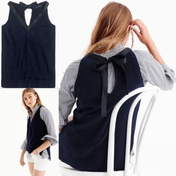 J. Crew navy knit sleeveless top with black ribbon detail