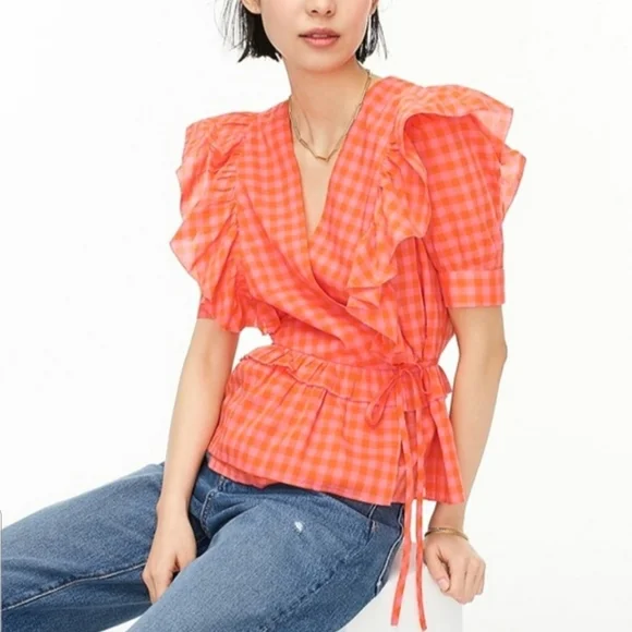 J Crew Gingham Plaid Ruffle Top NWT