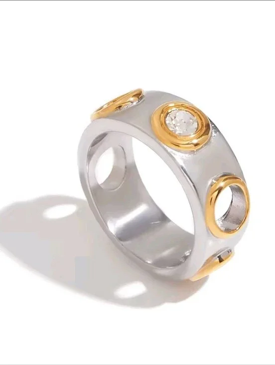 Silver Band Ring with Gold Bezel and Clear Crystal