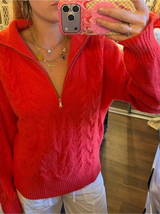 J. Crew Men's Bright Red Cable-Knit Half-Zip Sweater