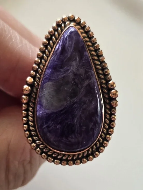 Almond Shaped Charoite Ring In Copper, Southwestern