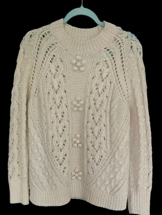 Cable Knit Crewneck Sweater with Floral Bobble Accents - Cream
