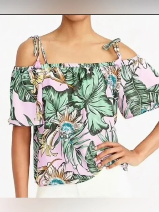 J. Crew Off the Shoulder Pink Tie Tropical Floral Resortwear Ruffle Blouse 6