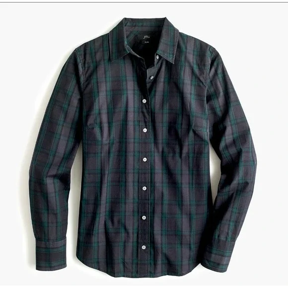 J Crew Black Watch Tartan Slim Stretch Shirt size 12 Midnight Emerald K3729