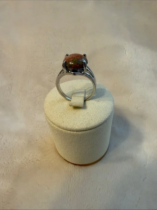 Genuine Stone women Ring Silver Unakite Cabochon Boho jewelry