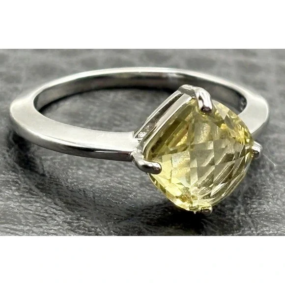 Swarovski Swan Crystal Lemon Yellow Cushion Cut Solitaire Ring Silver Tone 5.75