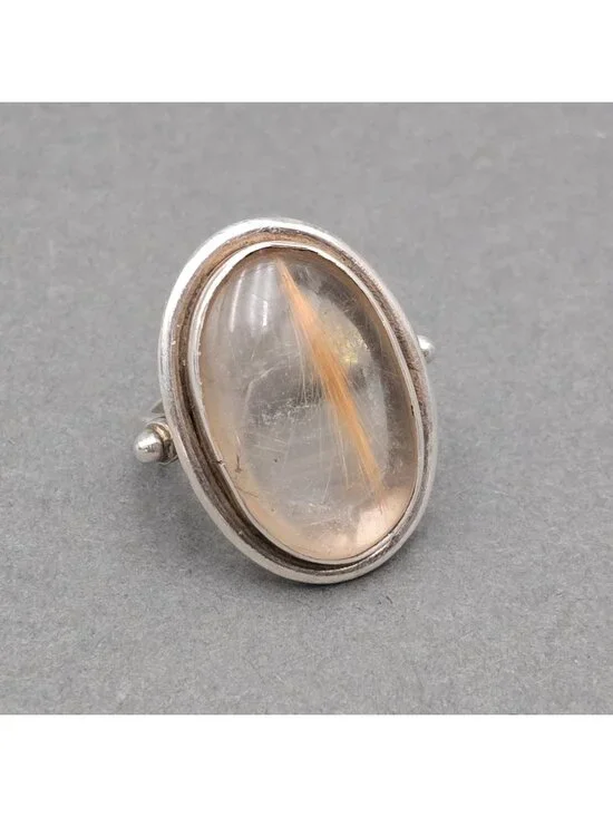 Vintage Sterling Silver Rutilated Quartz Ring Size 7.5 Modernist Statement