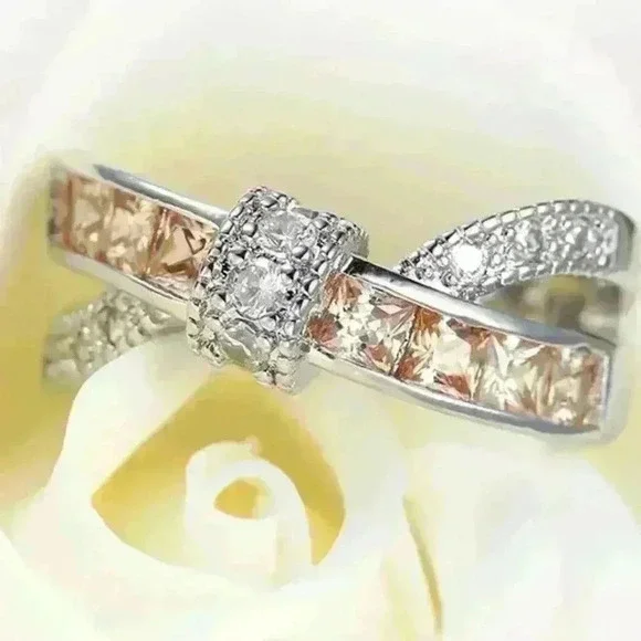 🎁925 Silver Plated Champagne CZ Punk Party Cocktail Ring Women, GPMB1402