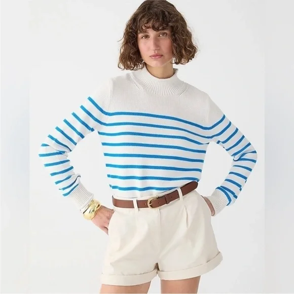 Striped Crewneck Sweater in White and Bright Blue