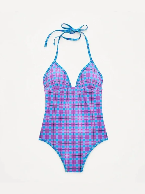 J Crew V-neck one-piece in reversible plaid print Purple Blue