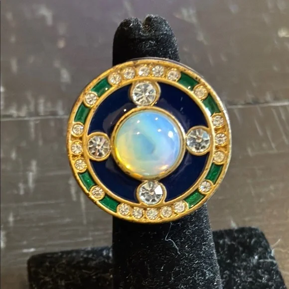 Lia Sophia Royal Blue Elegant Gold Green Statement Enamel Rhinestone Ring