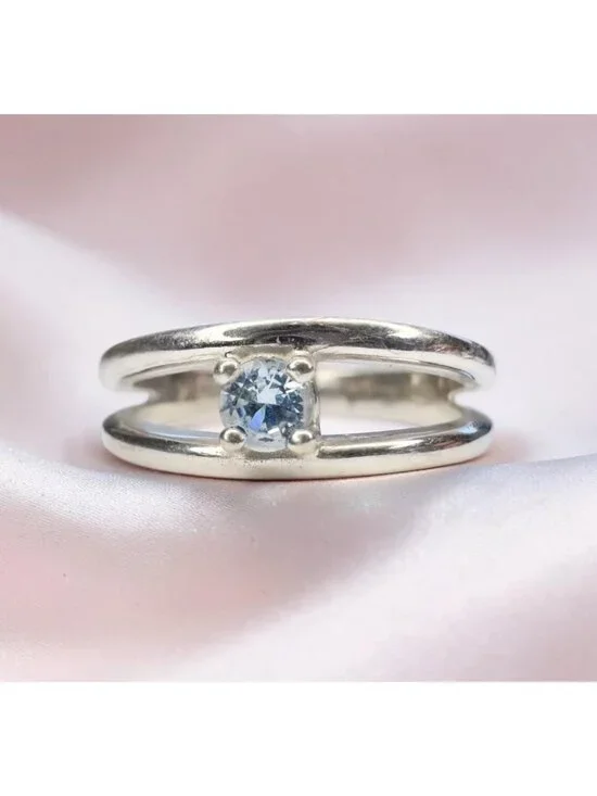 VINTAGE 10K White Gold -Natural Aquamarine Ring -Size 8 -Split Shank -3g Artisan