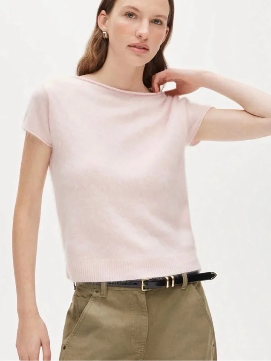 J. Crew Short-Sleeve Brushed Cashmere Tee in Pale Pink
