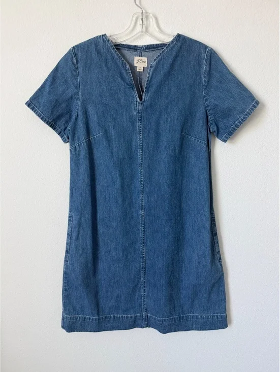 J. Crew Short Sleeve V-Neck Side Pocket Blue Denim Shift Dress Women's Size 4