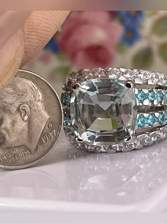 Aquamarine Sapphire Blue white Silver Ring 9.92ct