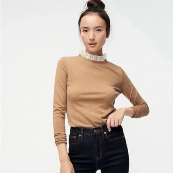 J.Crew Tippi 100% Merino Wool Sweater Lace Collar Details Camel Small