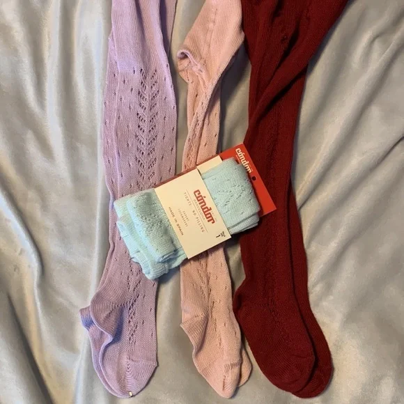 Condor tights open work crocheted pink lavender and aqua size 1 rust red size 2