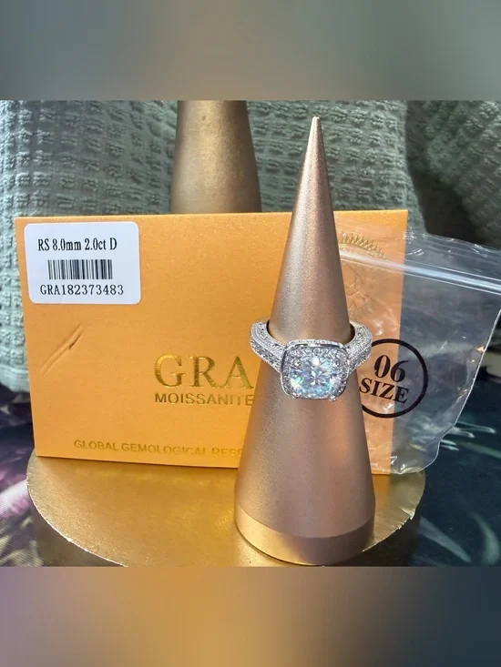 Moissanite Halo Cushion Cut Ring in Silver - Size 6
