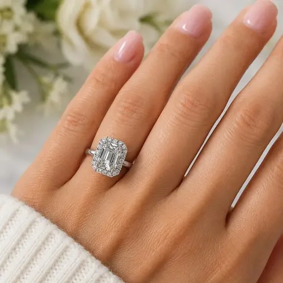 2.34CT Emerald Cut VVSD Moissanite Halo Ring 925 SS Size 9 Engagement Ring