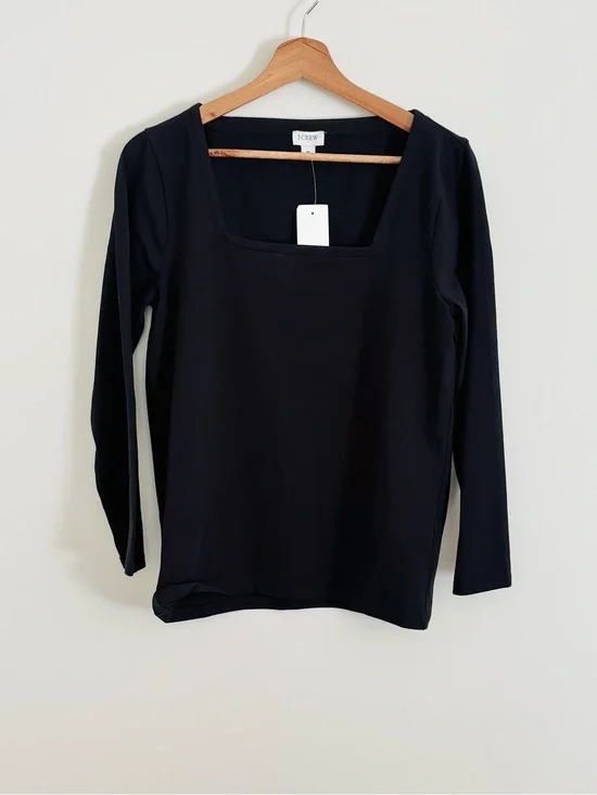 NWT J. Crew Square-Neck Long Sleeve Top in Black