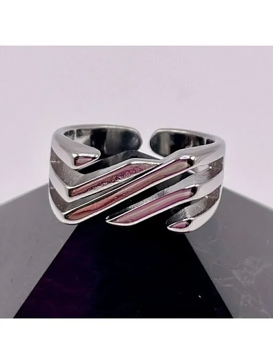Silver Tone Wrapped Square Front Diagonal Layered Adjustable Boho Ring #1301