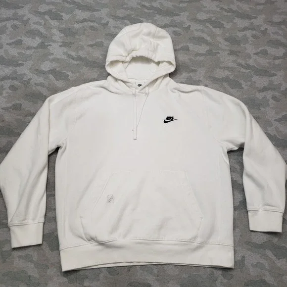 Nike‎ Sweatshirt Mens Large White Club Fleece Pullover Pockets Hooded
