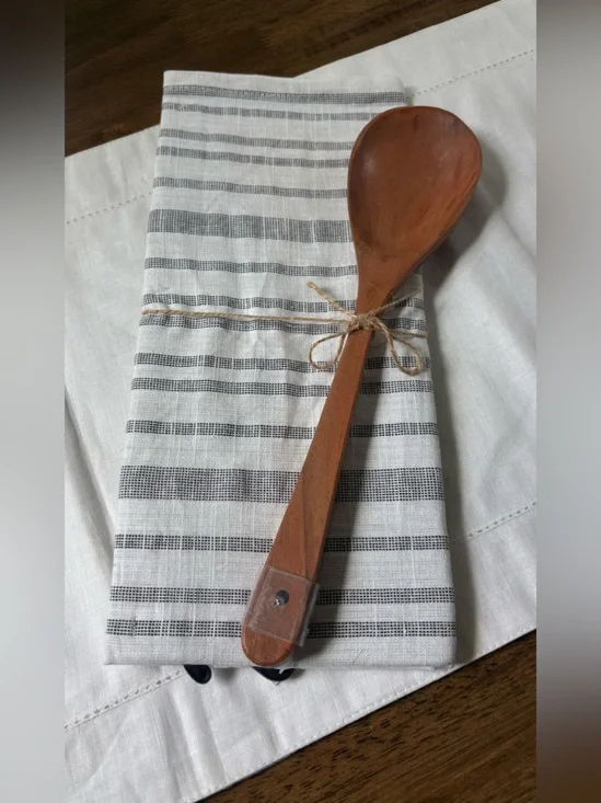 Natural Wood Kitchen Spatula with Black-Striped Linen Towel - Home Kitchen -New