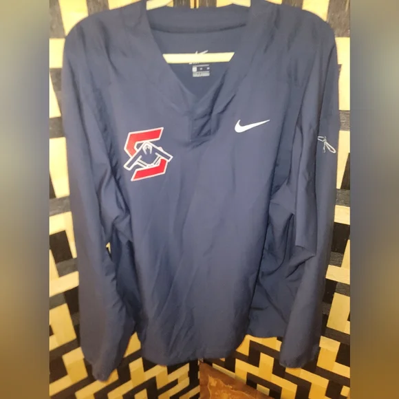 Mens Nike Windbreaker Athletic‎ Sedalia BOMBERS Baseball Jacket XL Blue V-Neck