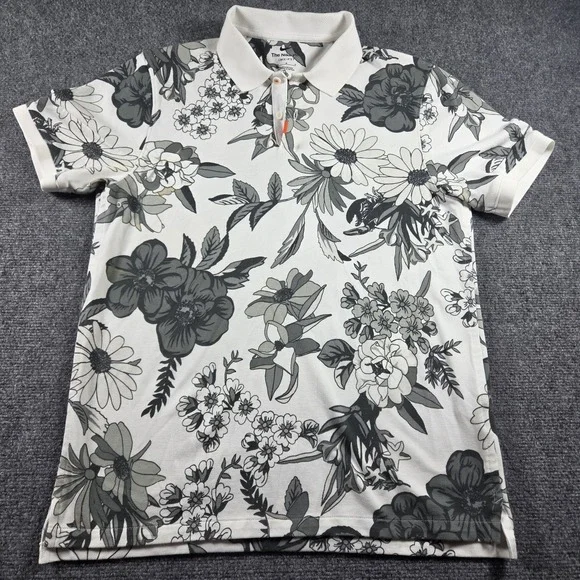Nike Polo Dri-Fit Shirt Men's Medium White Gray Floral Golf Casual Short Sleeve