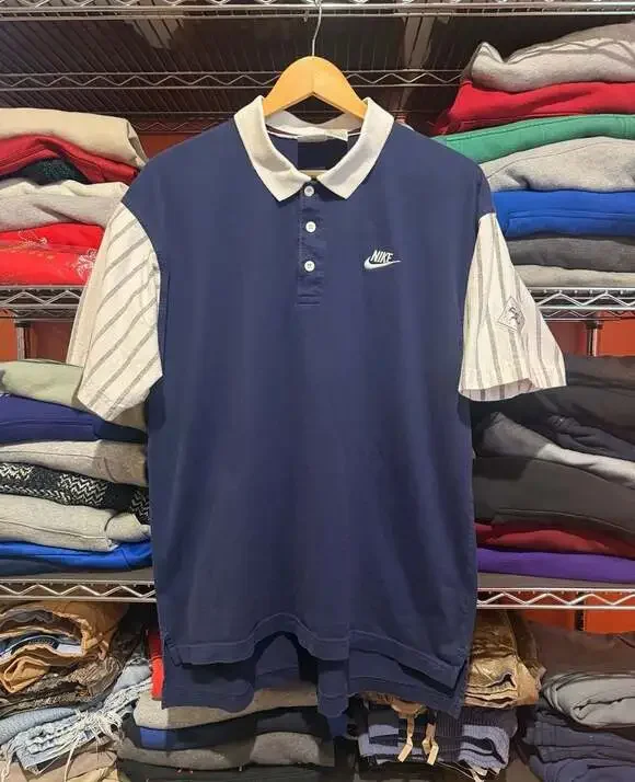 Vintage 90s Nike Supreme Court Striped Sleeve Tennis Polo Shirt Navy Blue Large