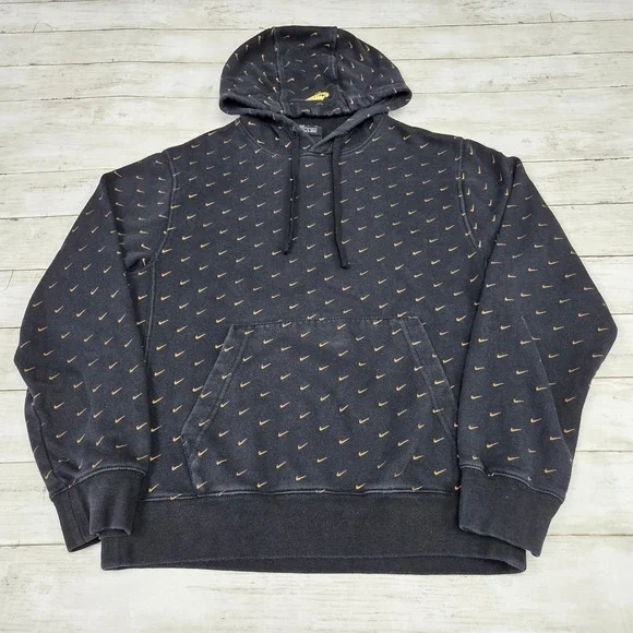 Nike Club Fleece All Over Mini Swoosh Hoodie CJ5405-010 Mens Small Black Gold